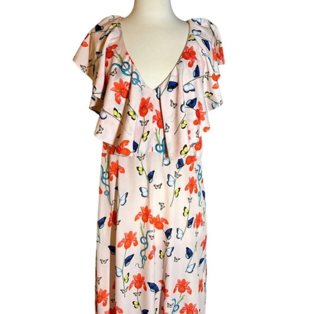 BORGO DE NOR Women's Pink Butterfly Print Ruffle Maxi Dress Size 12 - Picture 2 of 15